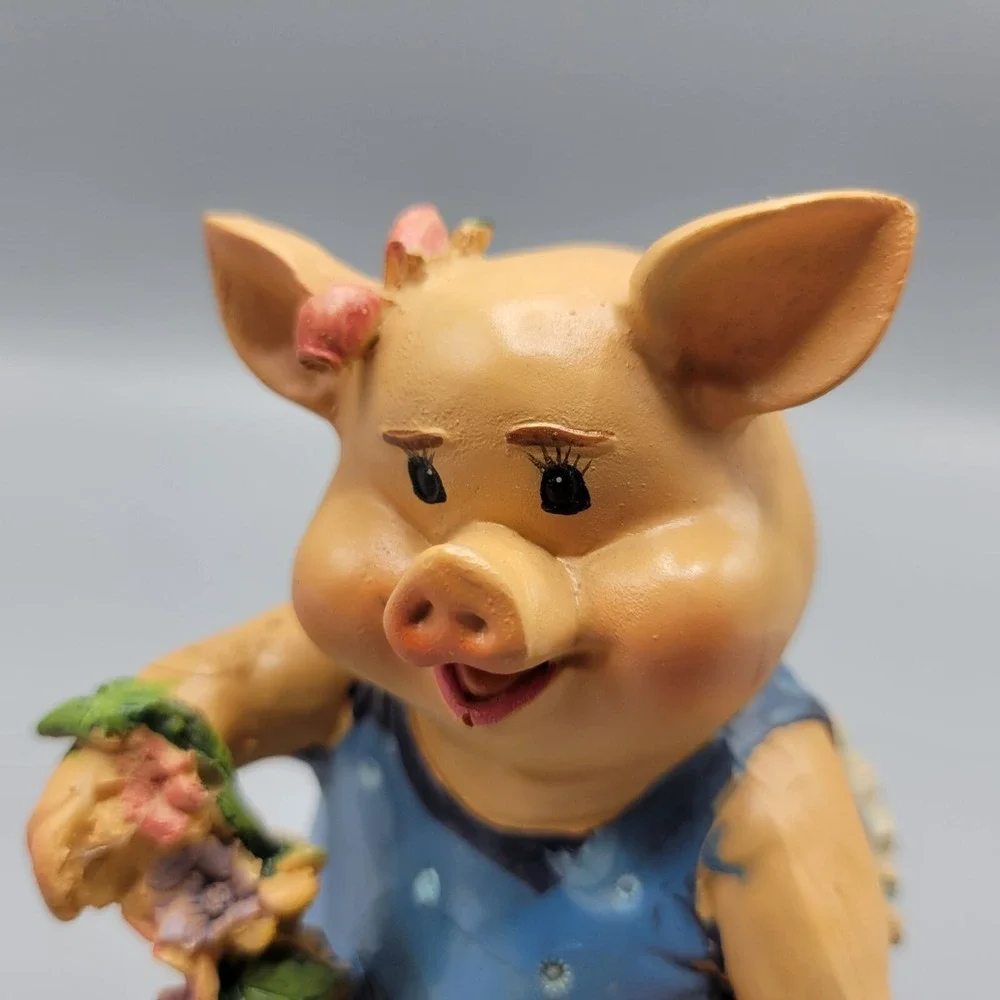 Vintage Adorable Happy Pig Figurine Blue Dress Floral Accents Home Shelf Decor